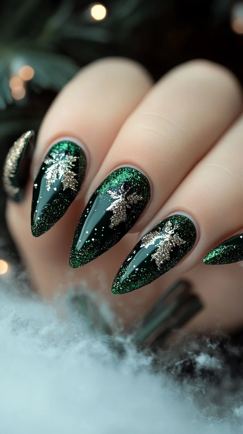 Sparkling Emerald Elegance: A Festive Twist on Classic Sharp Nails