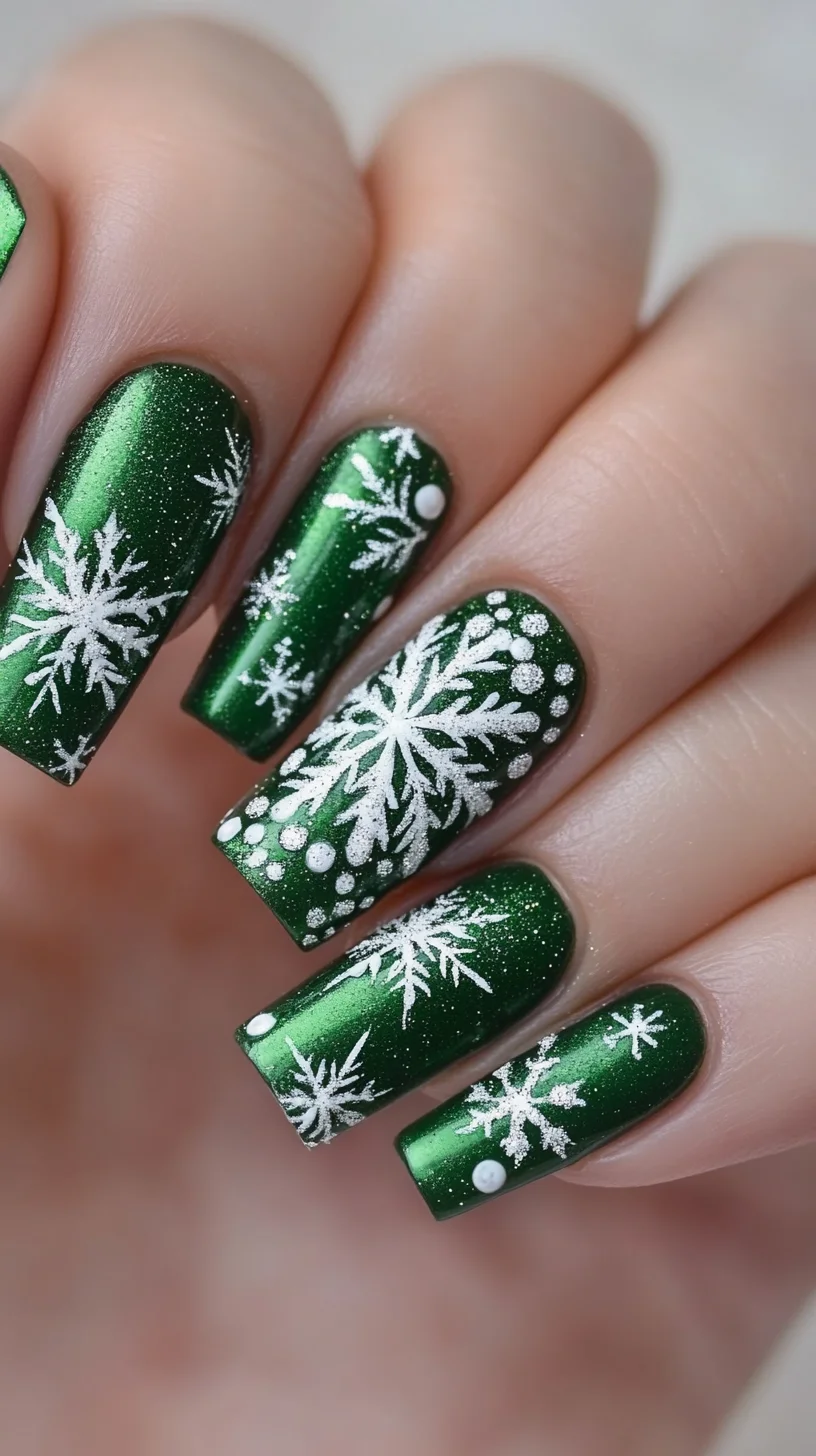 Sparkling Evergreen: Festive Green Nail Art with Snowflake Elegance