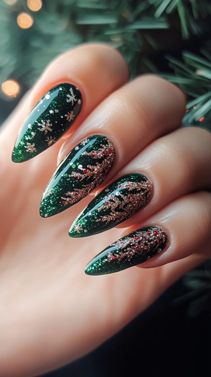Sparkling Evergreen: Glamorous Green Holiday Nail Art for Festive Flair