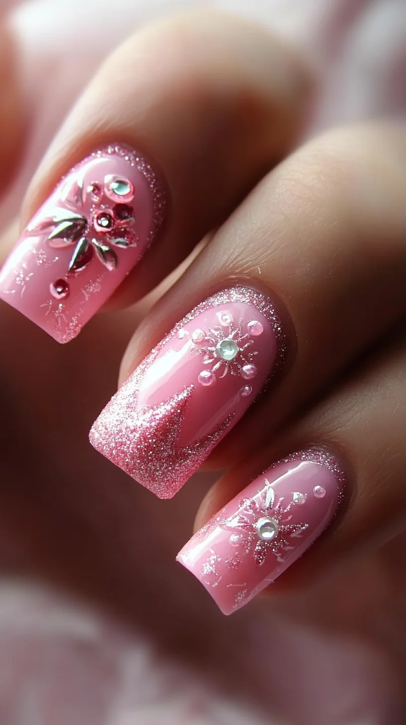 Sparkling Floral Elegance: A Chic Pink Nail Art Style for Any Occasion