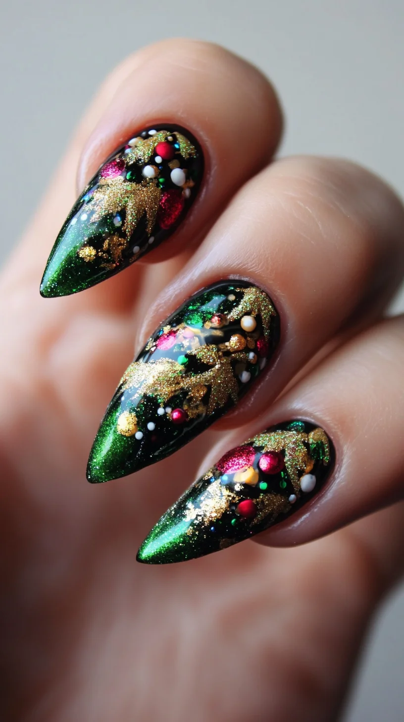 Sparkling Holiday Glam: A Festive Green and Gold Nail Art Delight