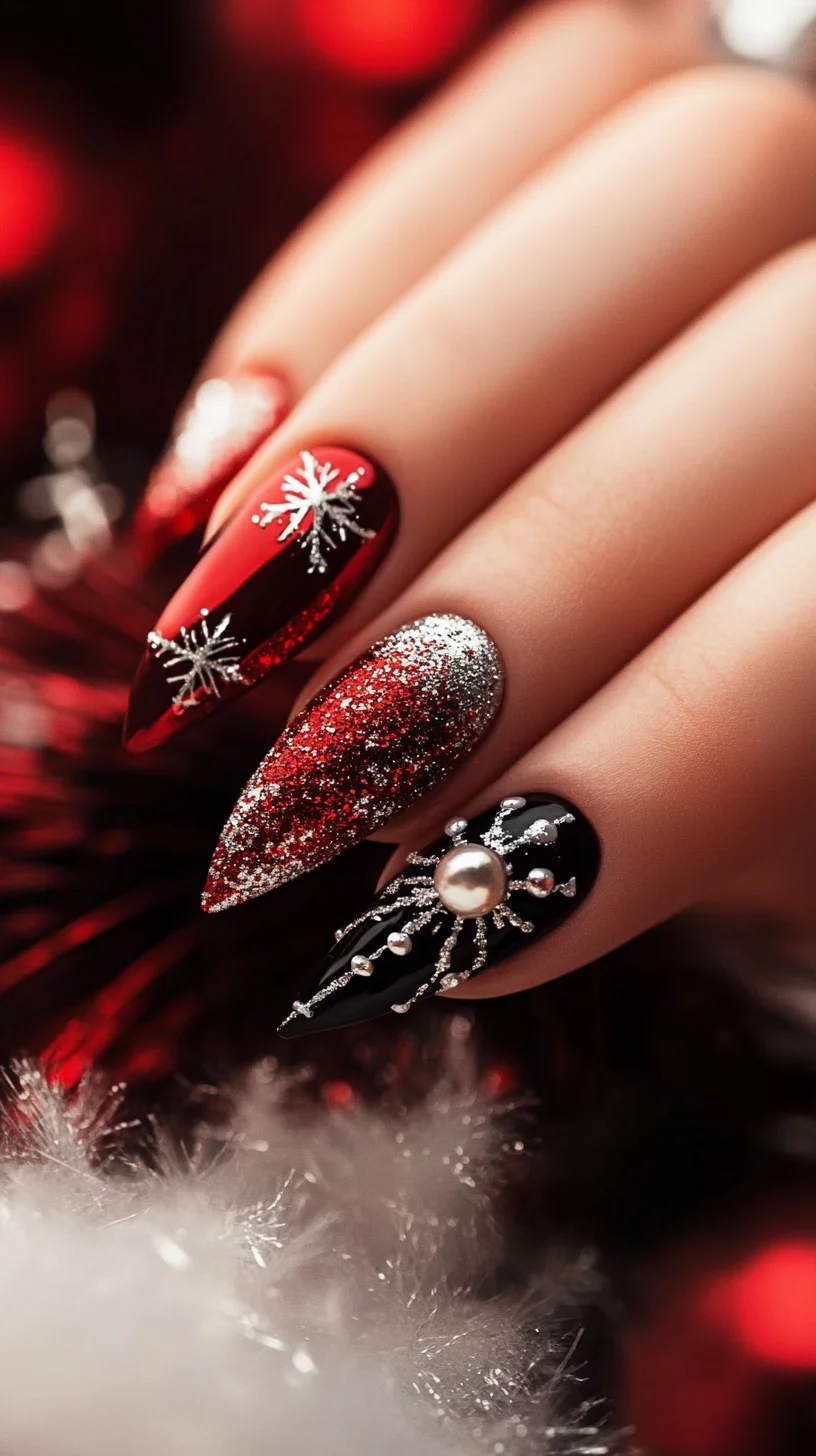 Sparkling Holiday Glam: Festive Red and Black Nail Art with Dazzling Accents