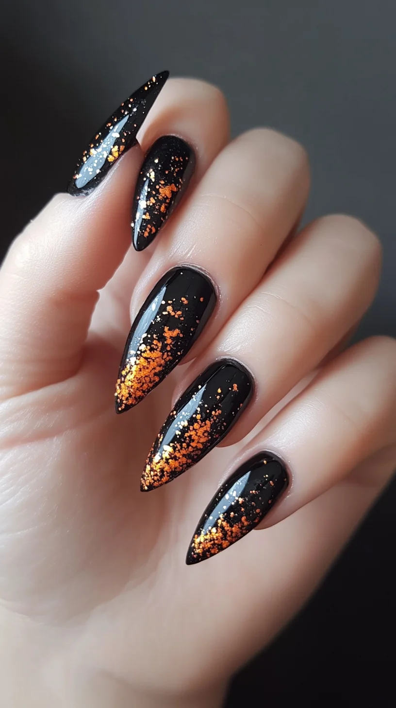 Sparkling Ombre Elegance: Black and Gold Stiletto Nails for Bold Statements