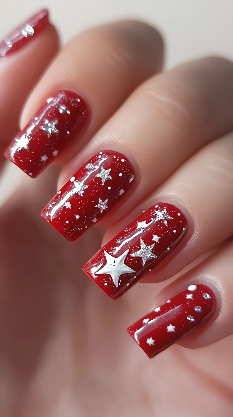 Sparkling Starry Nights: Glamorous Red Nails That Dazzle