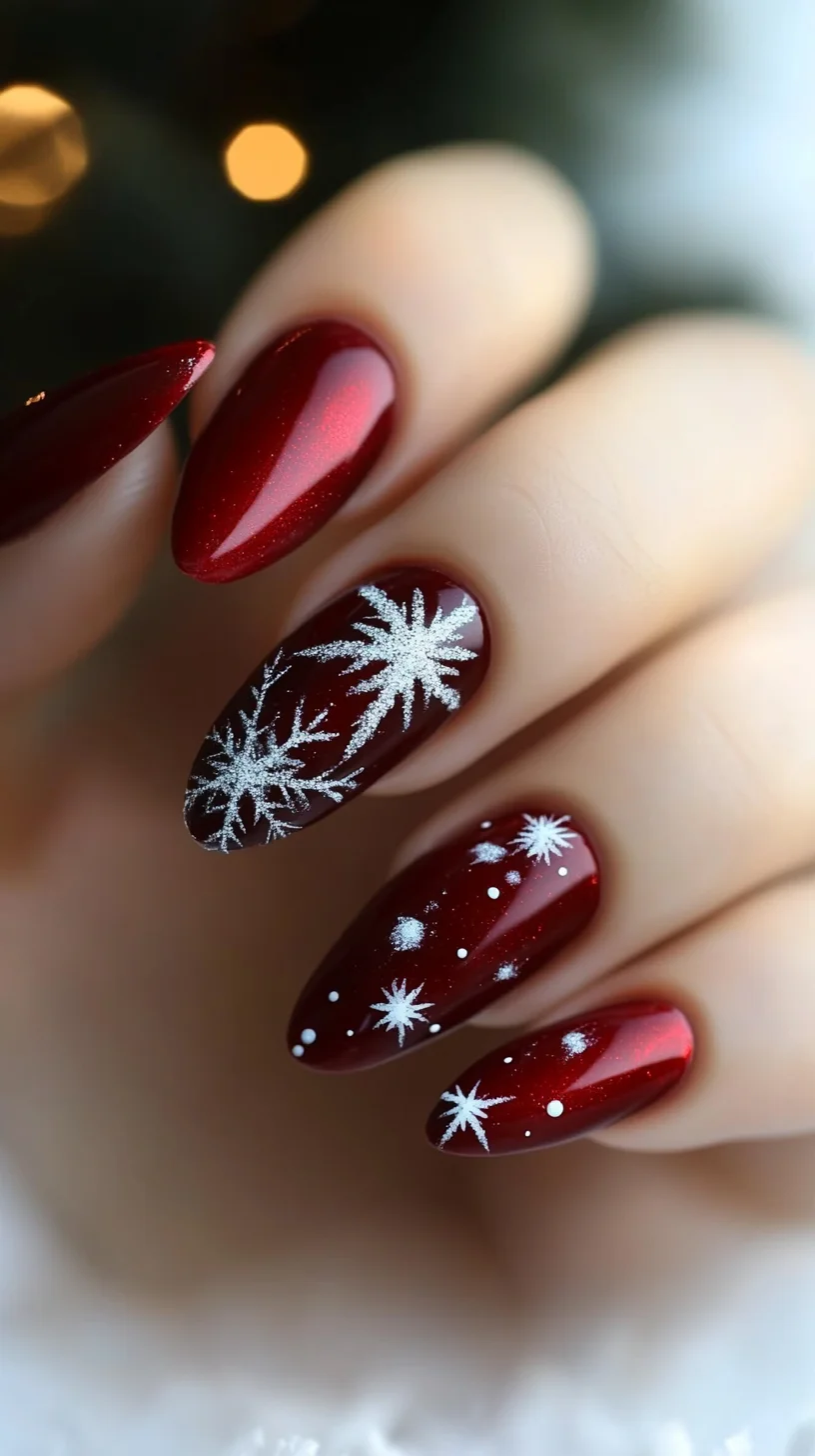 Sparkling Winter Elegance: Festive Red Nails with Snowflake Art