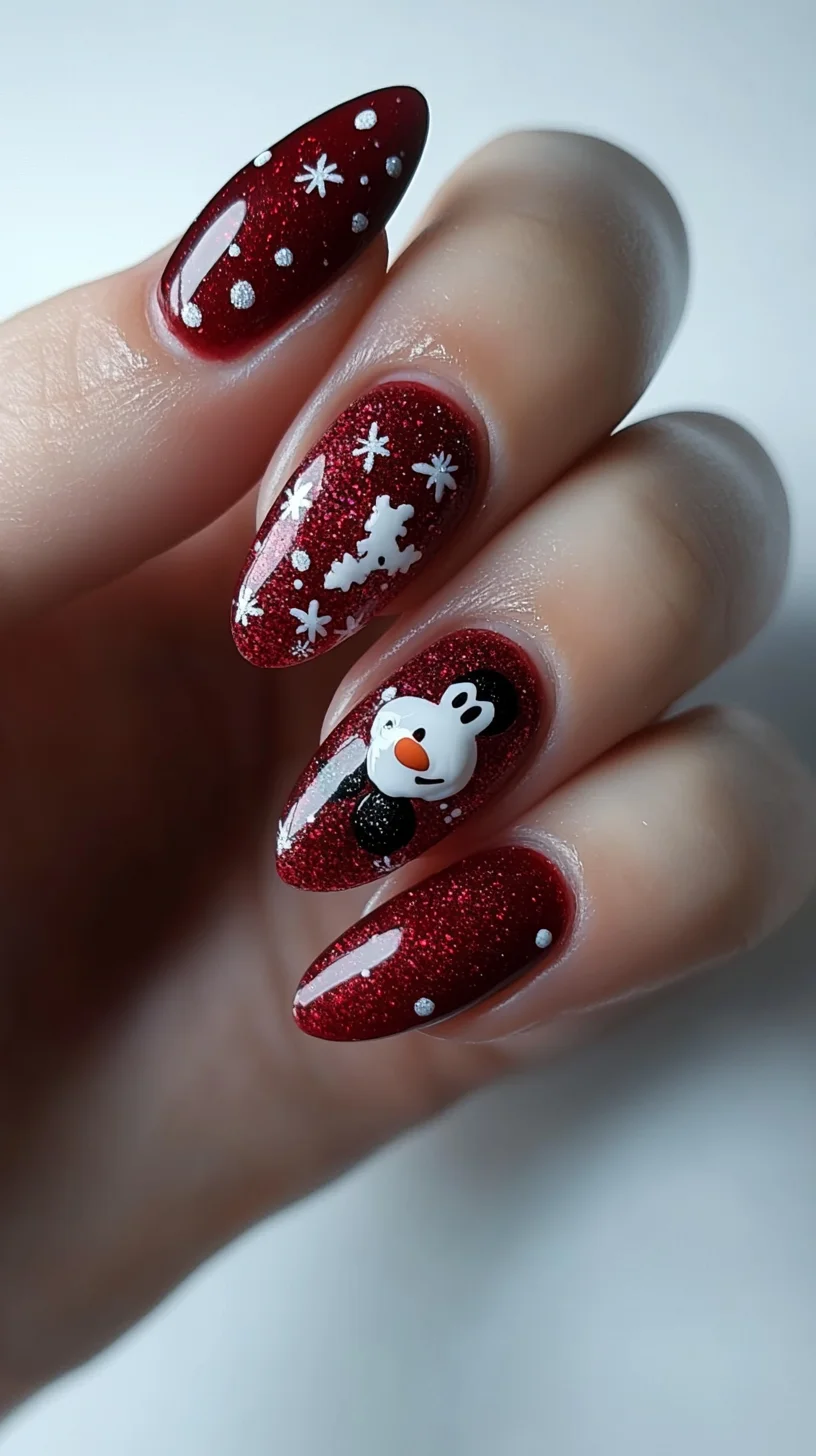 Sparkling Winter Wonderland: Festive Red Nails with Adorable Snowman Charm