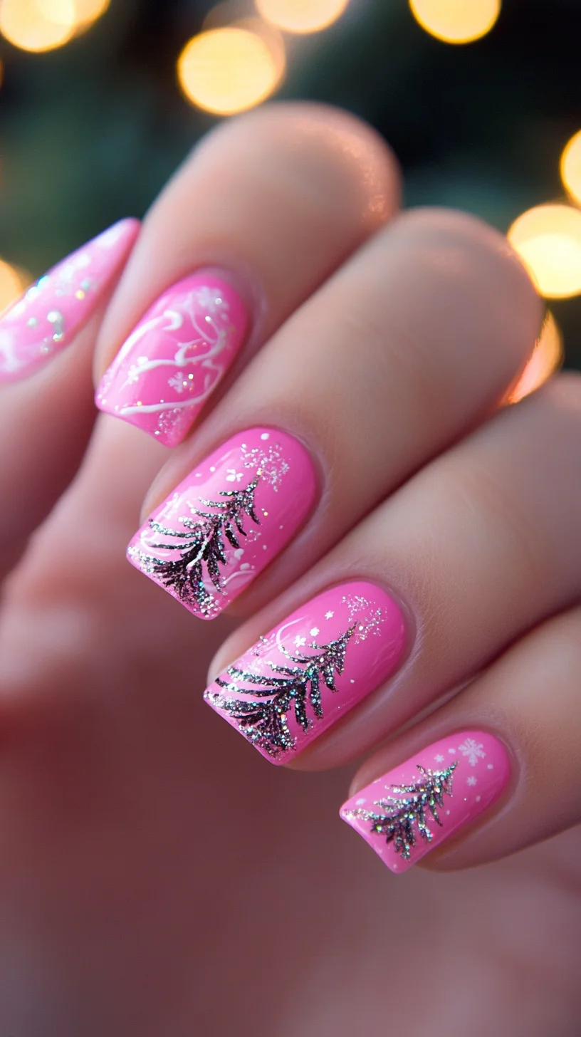 Sparkly Pink Festive Nail Art with Glamorous Christmas Tree Designs