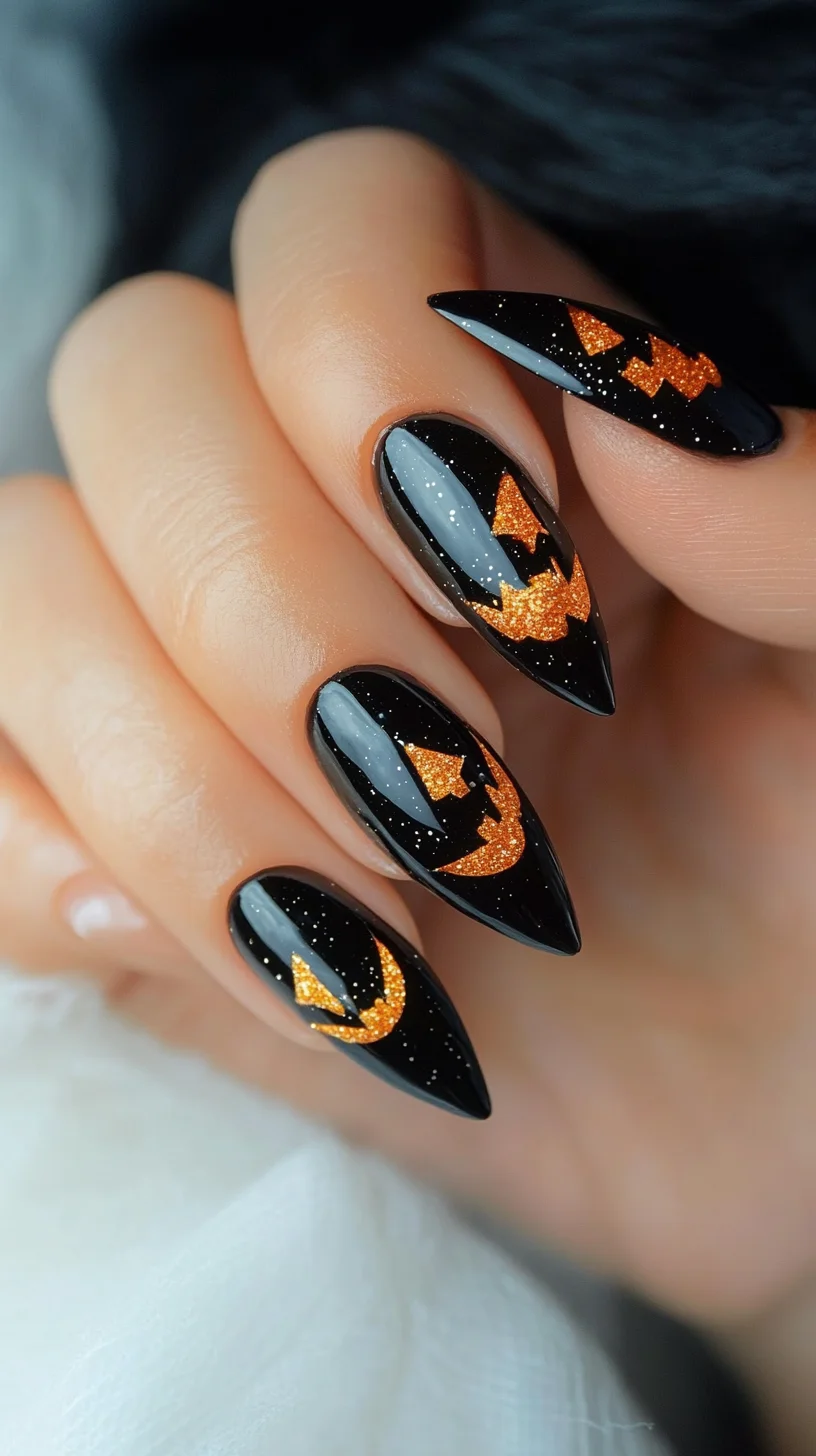 Spooktacular Halloween Nail Art: Bold Black with Glittering Orange Accents
