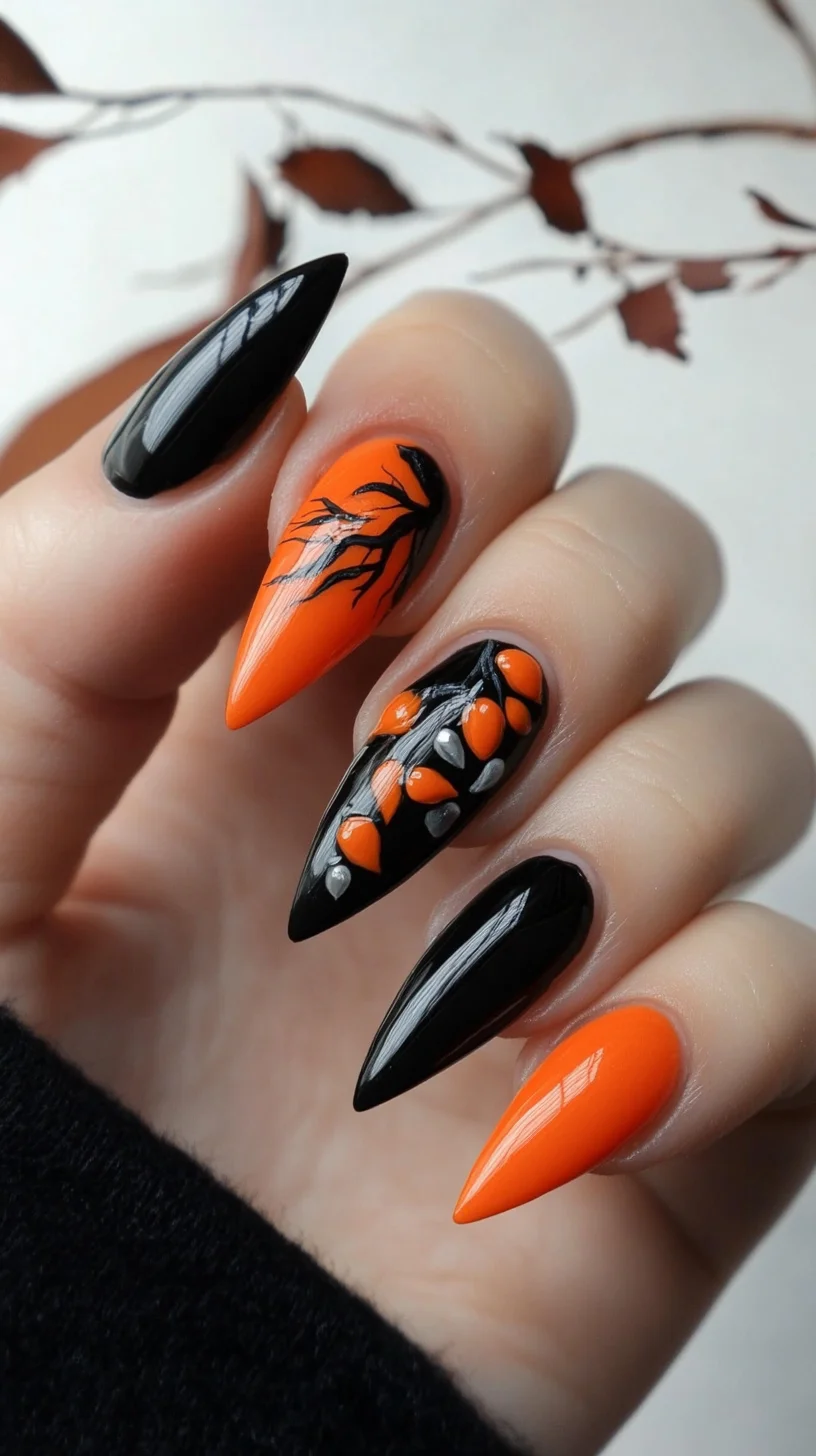 Spooktacular Halloween Nail Art: Fierce Orange and Black Design