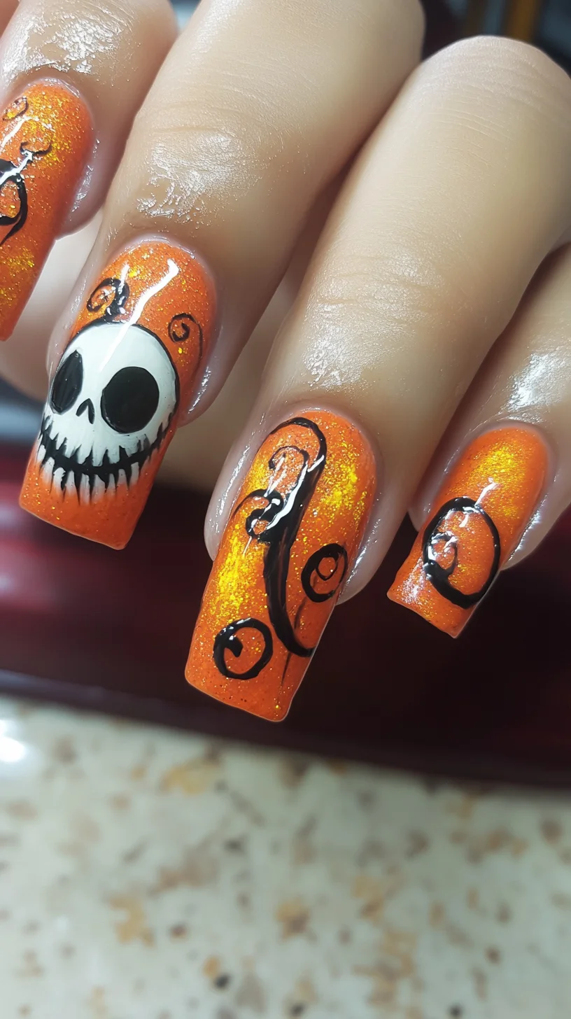 Spook-tacular Halloween Nail Art: Glittery Orange with Edgy Skull Designs