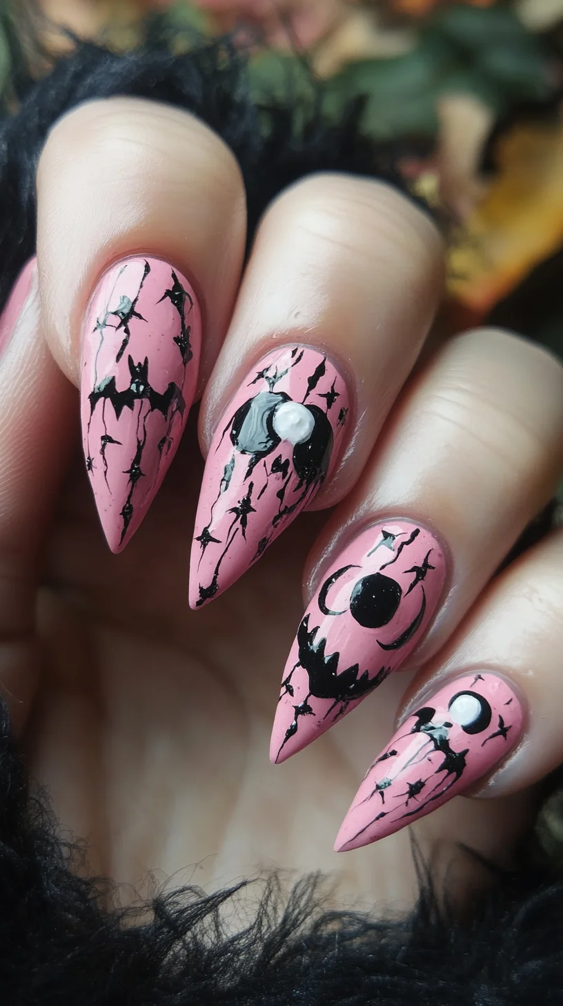 Spooktacularly Stylish: Trendy Pink and Black Crackle Nail Art for a Bold Look