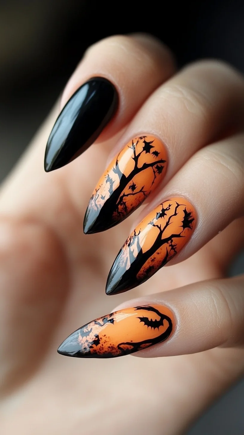 Spooky Elegance: Halloween-Inspired Black and Orange Stiletto Nails