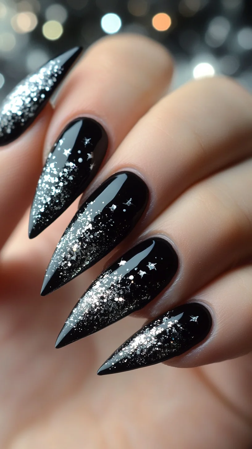 Starry Night Glam: Sparkling Black Stiletto Nails for a Dazzling Look