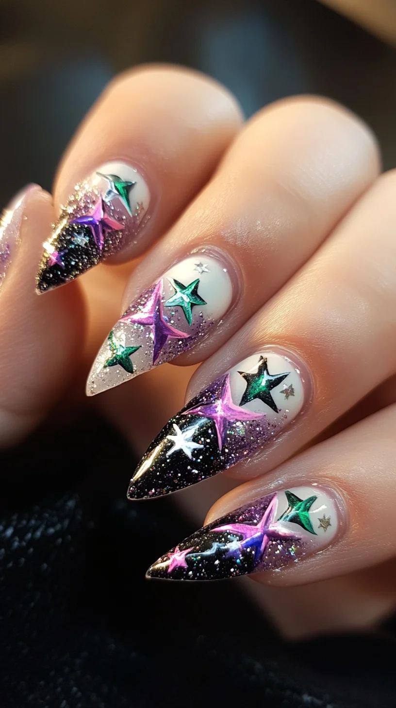 Stellar Glam: Dazzling Nail Art with Star Accents for a Cosmic Look