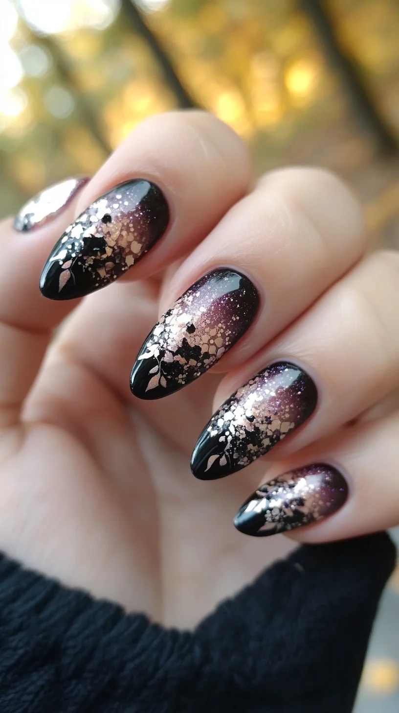 Striking Galaxy Glam: Glamorous Ombre Nails with Glittering Accents