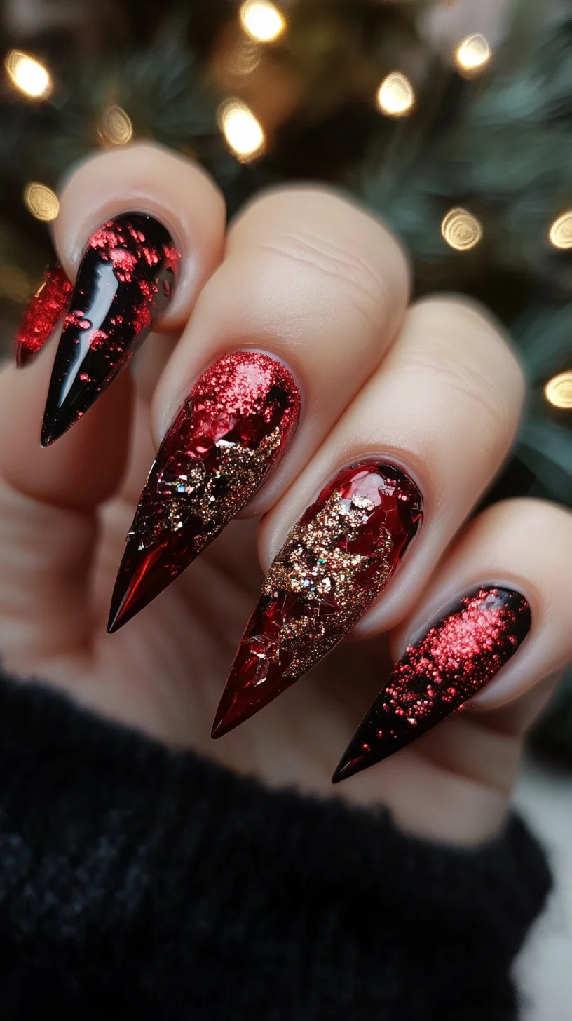 Striking Glossy Red and Black Stiletto Nails with Glitter Elegance