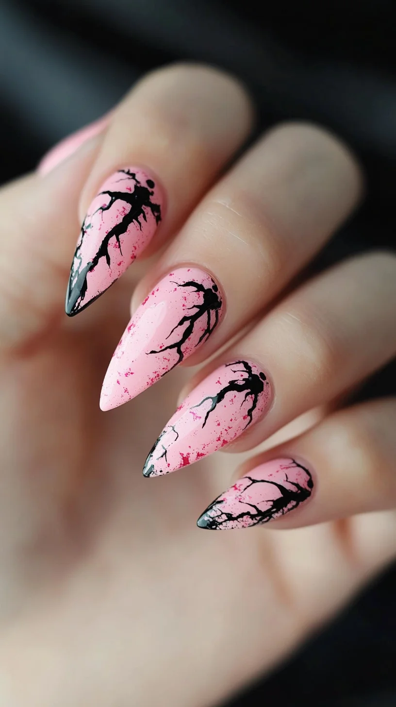 Striking Pink and Black Stiletto Nails with Cracked Detailing