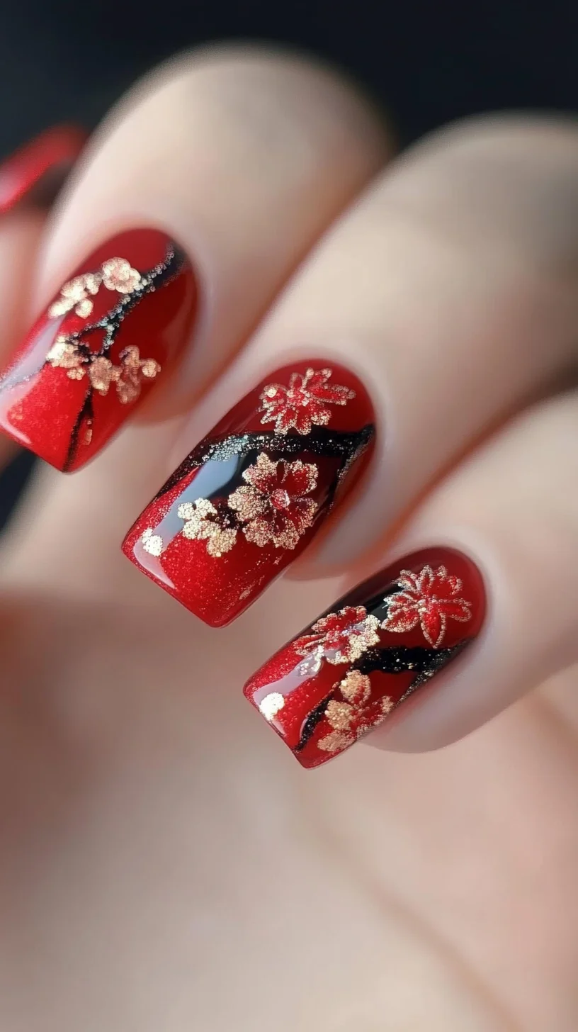 Stunning Cherry Blossom Elegance: A Floral Nail Design with a Touch of Glam