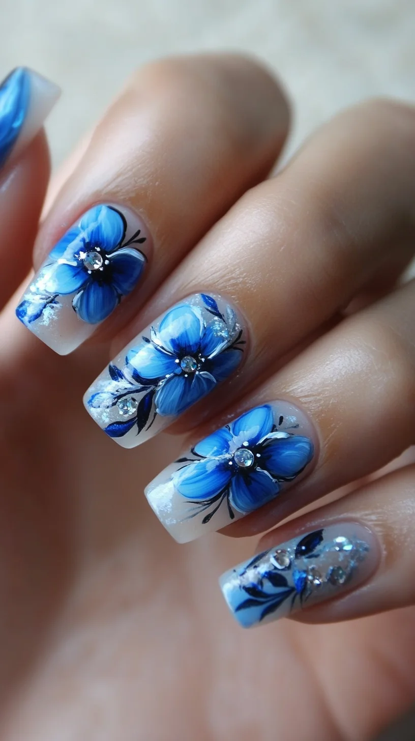 Stunning Floral Bliss: Embrace the Beauty of Blue Nail Art