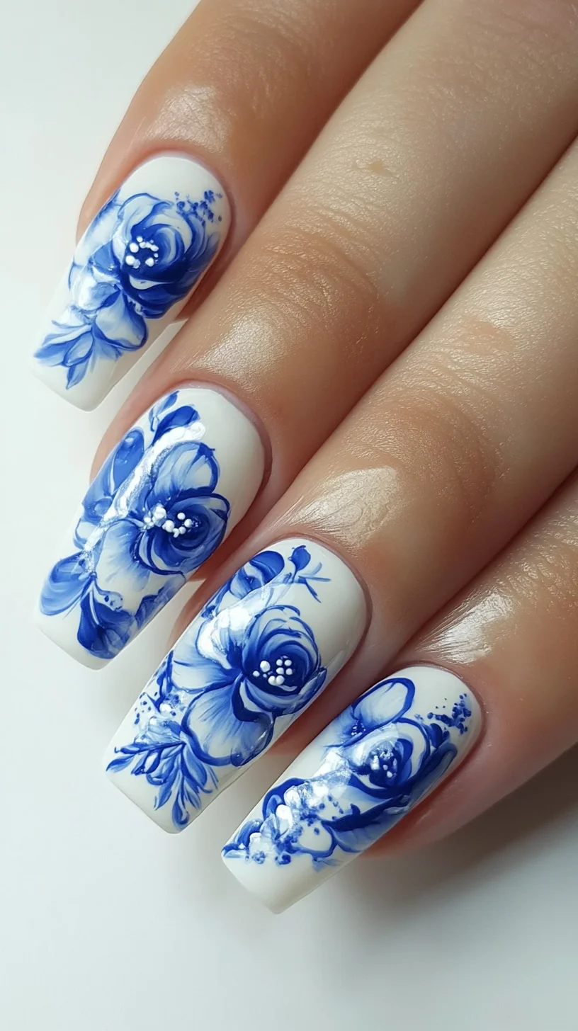 Stunning Floral Elegance: Blue and White Nail Art for Every Occasion