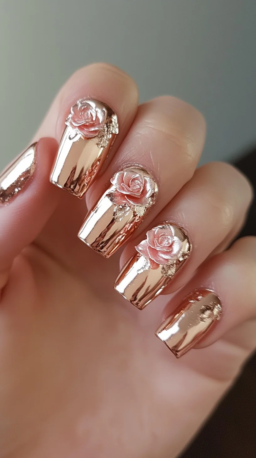 Stunning Rose Gold Elegance: A Floral Touch for Glamorous Nails