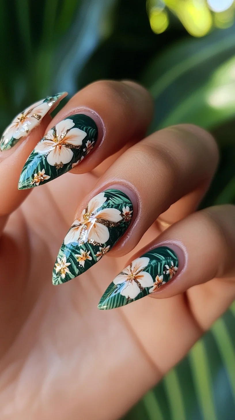 Tropical Glam: Floral Fantasy on Stiletto Nails for a Bold Statement