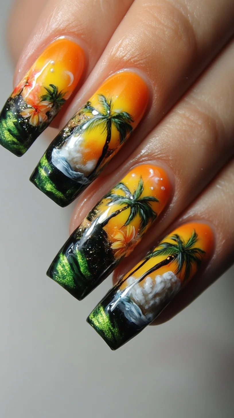 Tropical Sunset Serenity: Vibrant Nail Art for a Dreamy Getaway Vibe