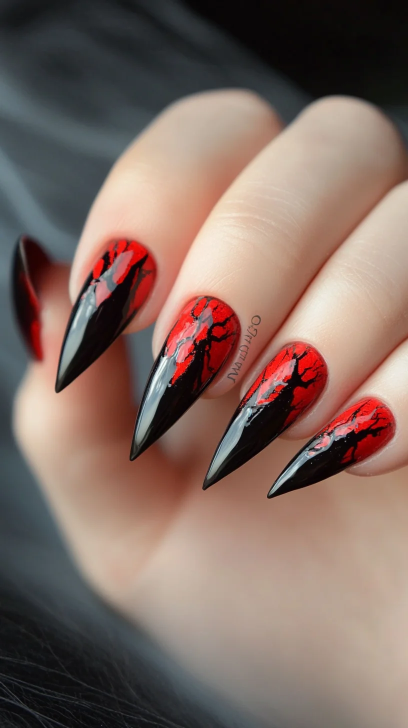 Unleash Your Inner Glam with Striking Black and Red Cracked Nail Art