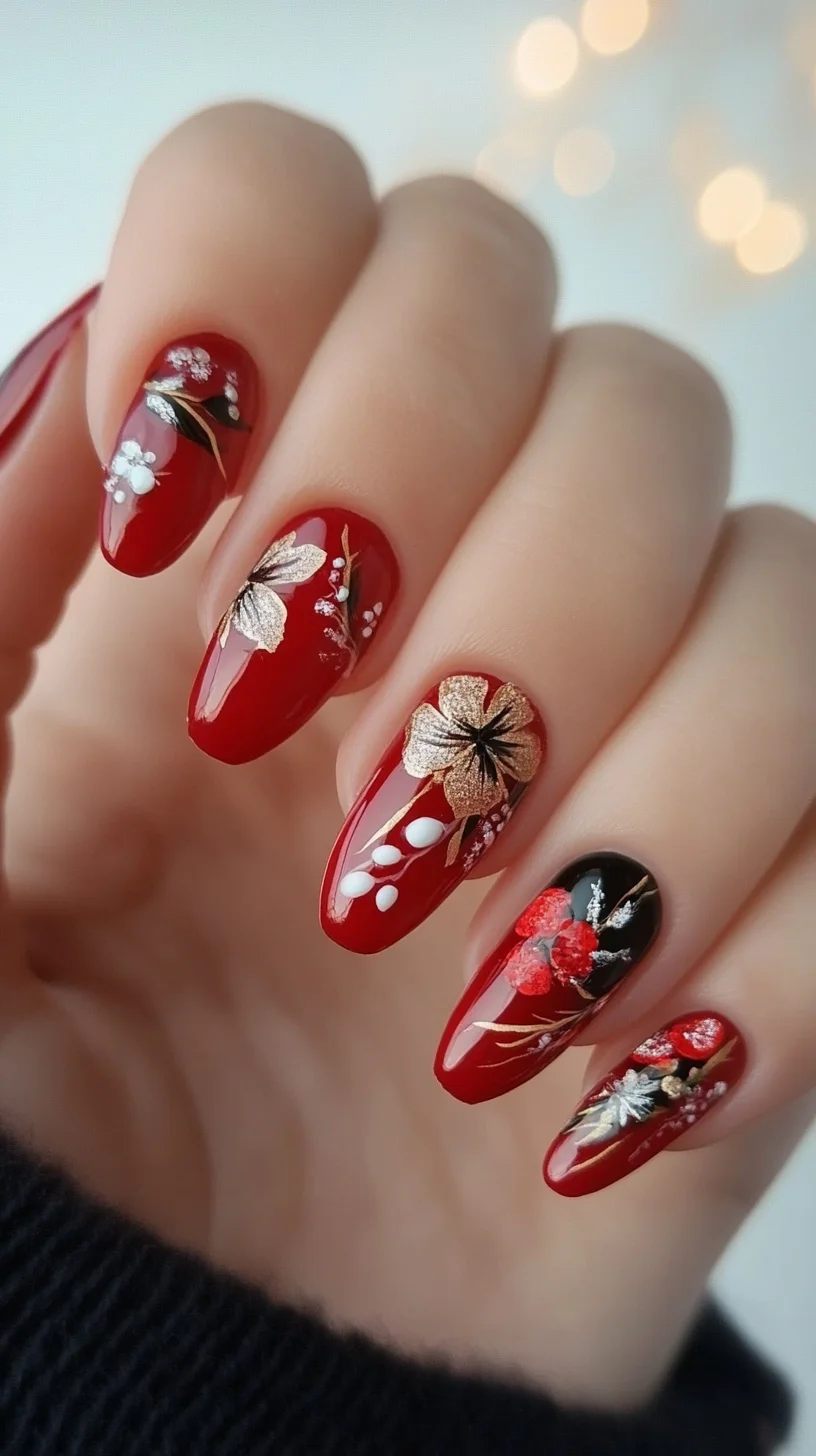 Vibrant Floral Elegance: Red Nails with Charming Artistry