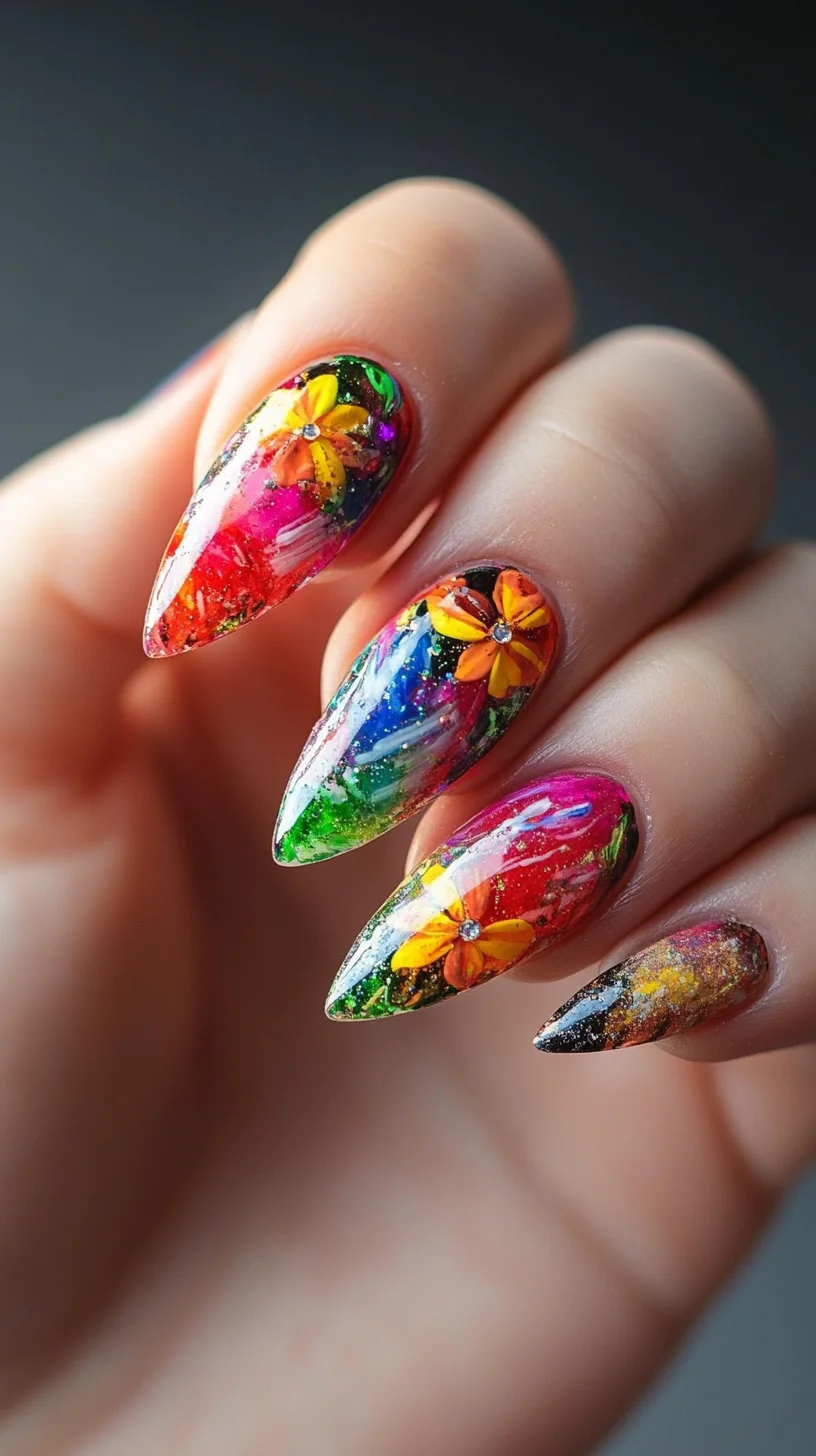 Vibrant Floral Fantasy: Brightly Painted Nails for a Fun, Expressive Look