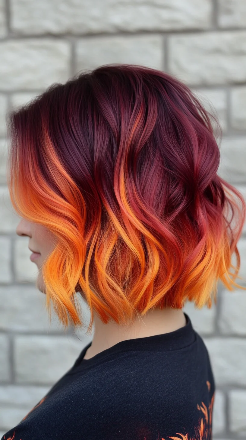 Vibrant Sunset Waves: A Bold and Fiery Ombre Bob That Turns Heads