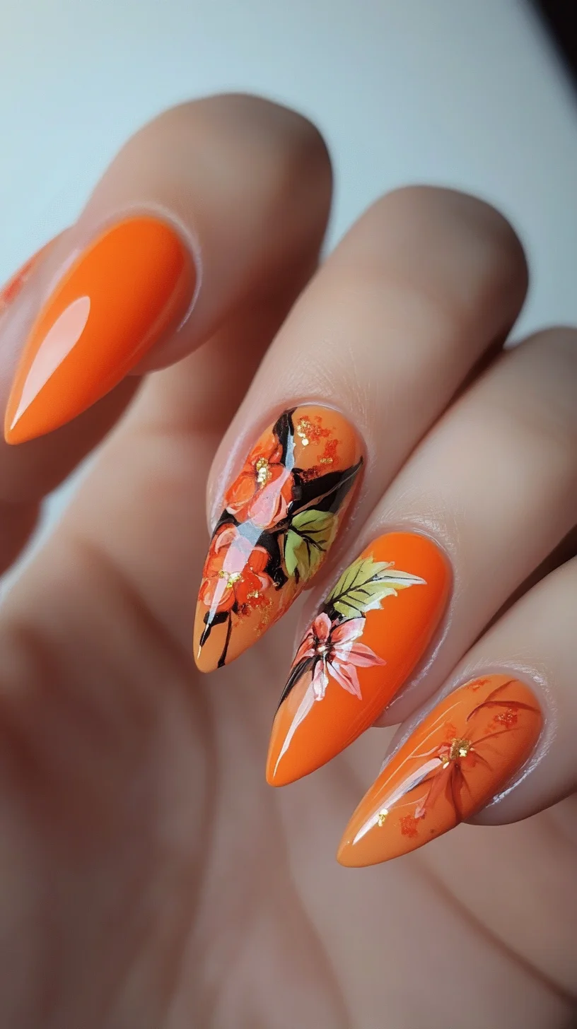Vivid Floral Elegance: Bright Orange Nail Art for a Bold Statement