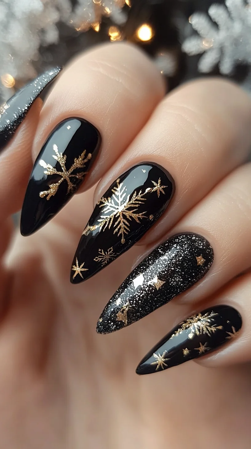 Winter Wonderland: Bold Black and Gold Nail Art with Sparkling Snowflakes