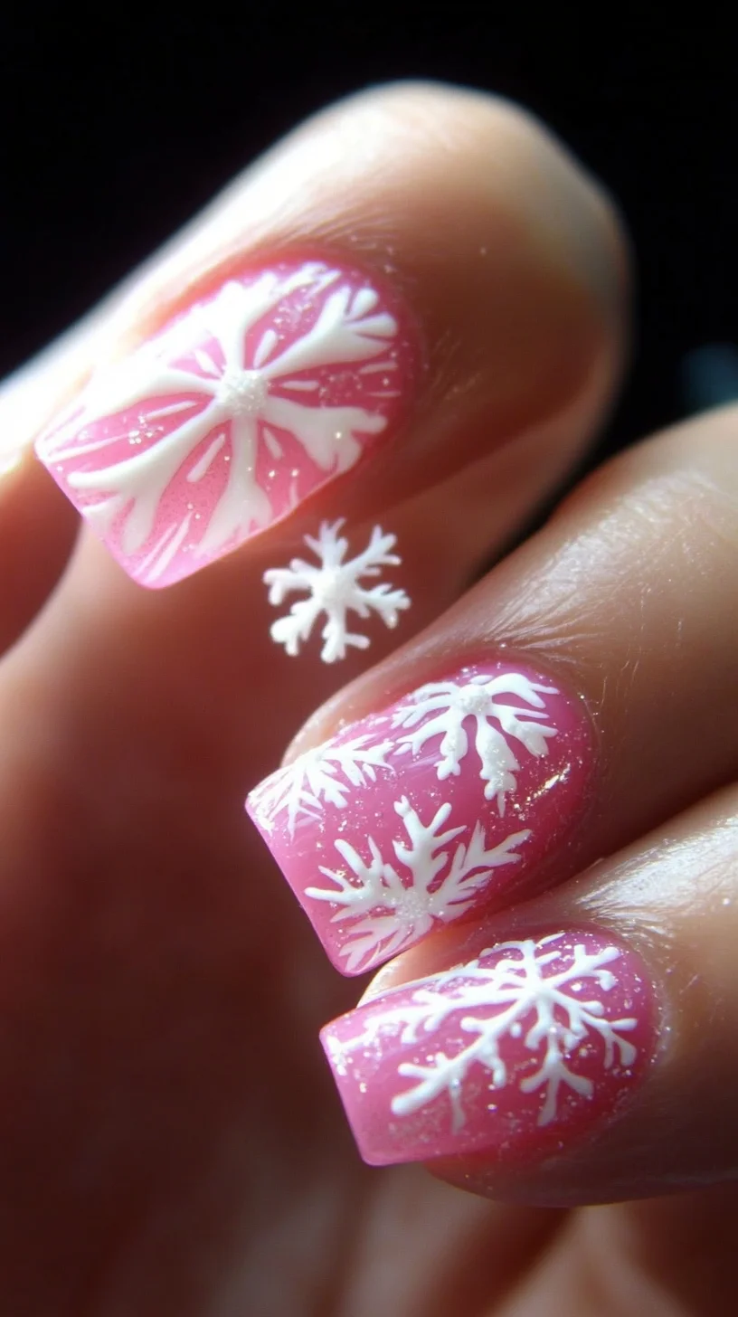 Winter Wonderland: Cute Pink Nails with Snowflake Art for a Festive Look