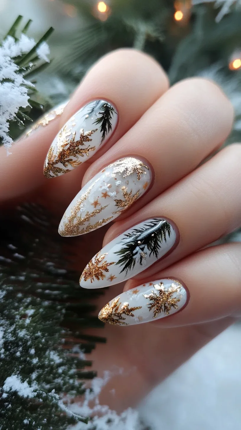 Winter Wonderland: Elegant Gold and Green Nail Art for Seasonal Glam