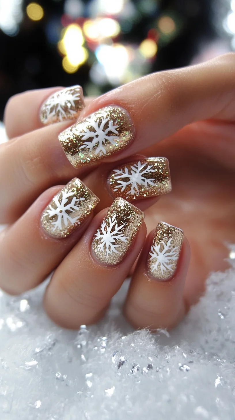 Winter Wonderland: Sparkly Gold & White Snowflake Nail Art for Festive Glam